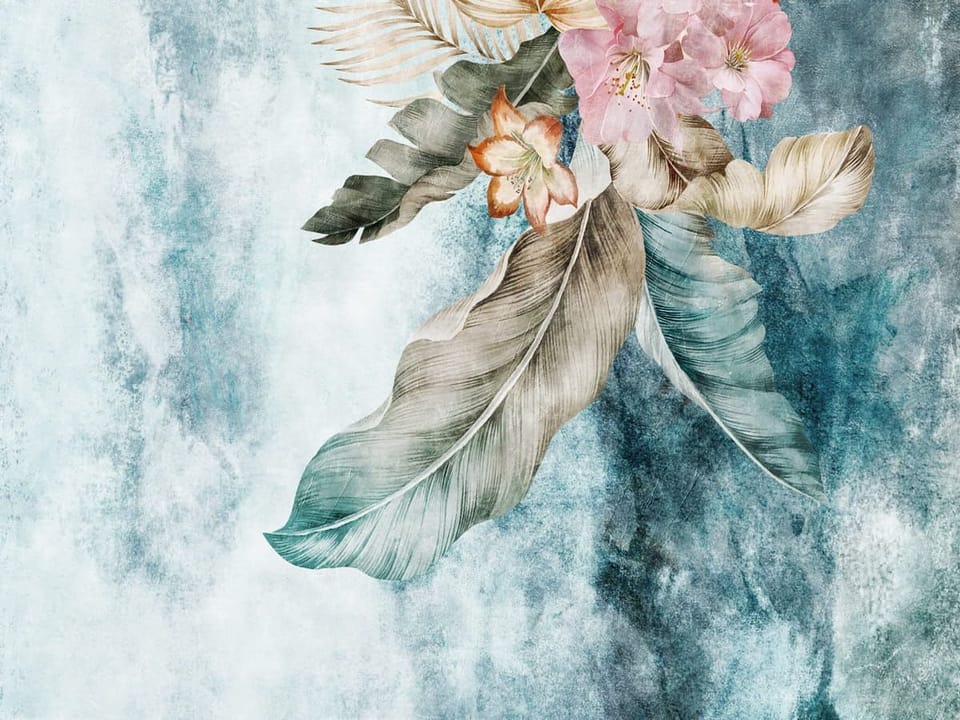 Fototapeta Liście i Kwiaty na Akwarelowym Tle