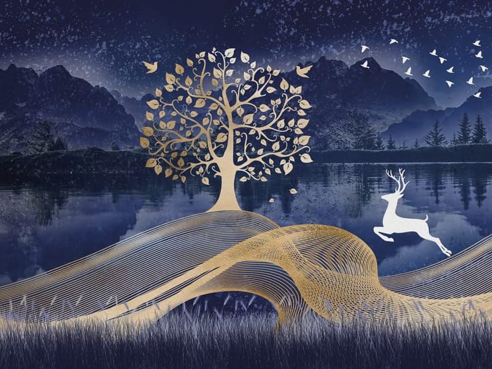 Fototapeta Złote drzewo nad jeziorem nocą