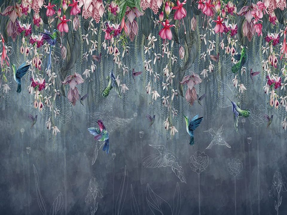 Fototapeta Egzotyczne kwiaty i kolibry