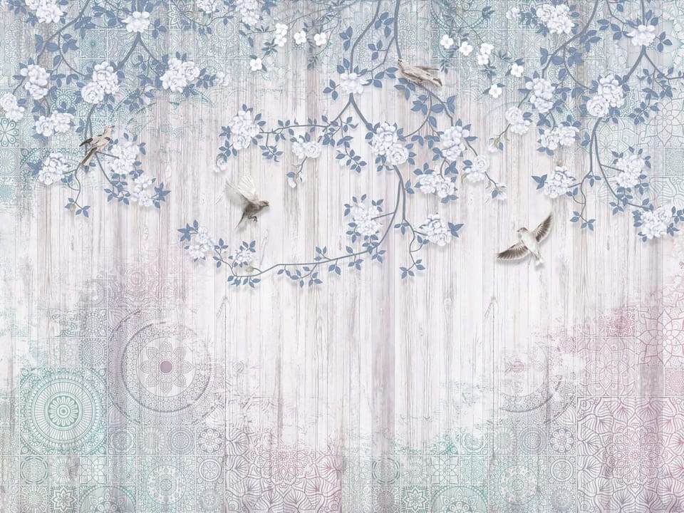 Fototapeta Gałęzie i Ptaki na Drewnianym Tle