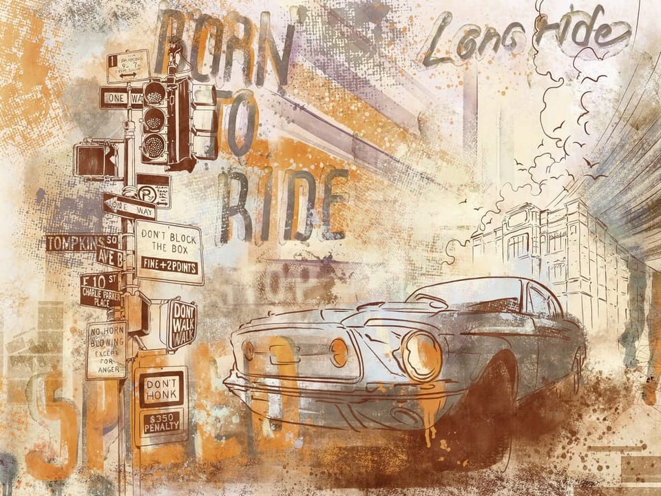 Fototapeta Retro samochód i znaki drogowe