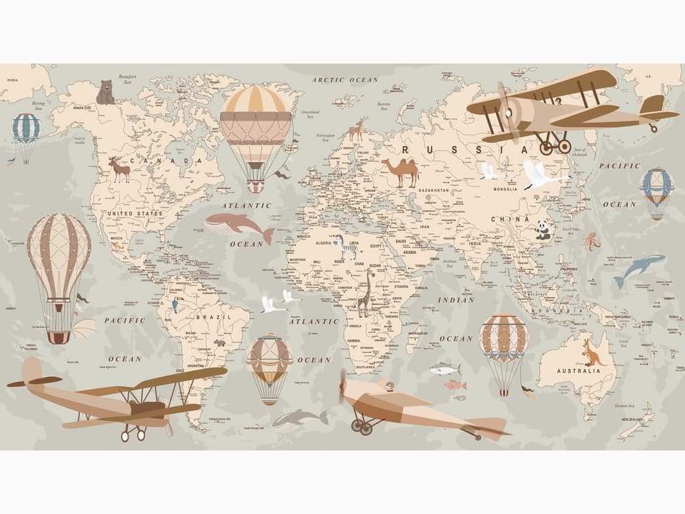 Fototapeta Mapa świata z balonami i samolotami