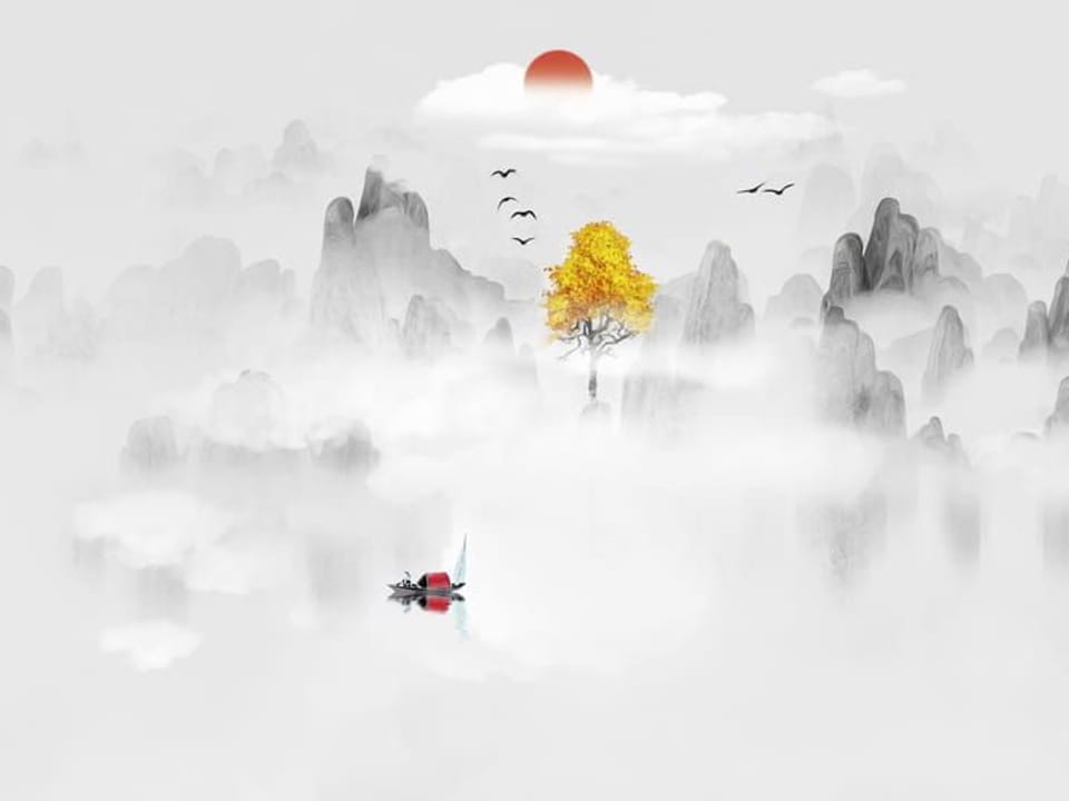 Fototapeta Drzewo i Góry w Mglistym Krajobrazie