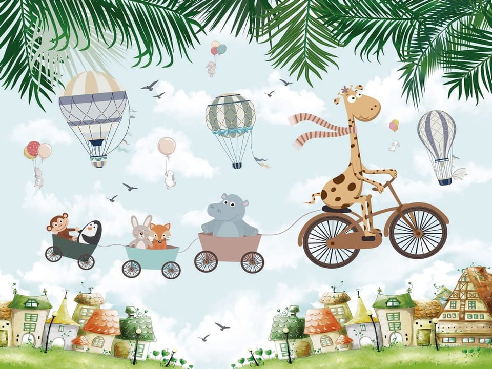 Fototapeta Żyrafa na rowerze z przyczepkami