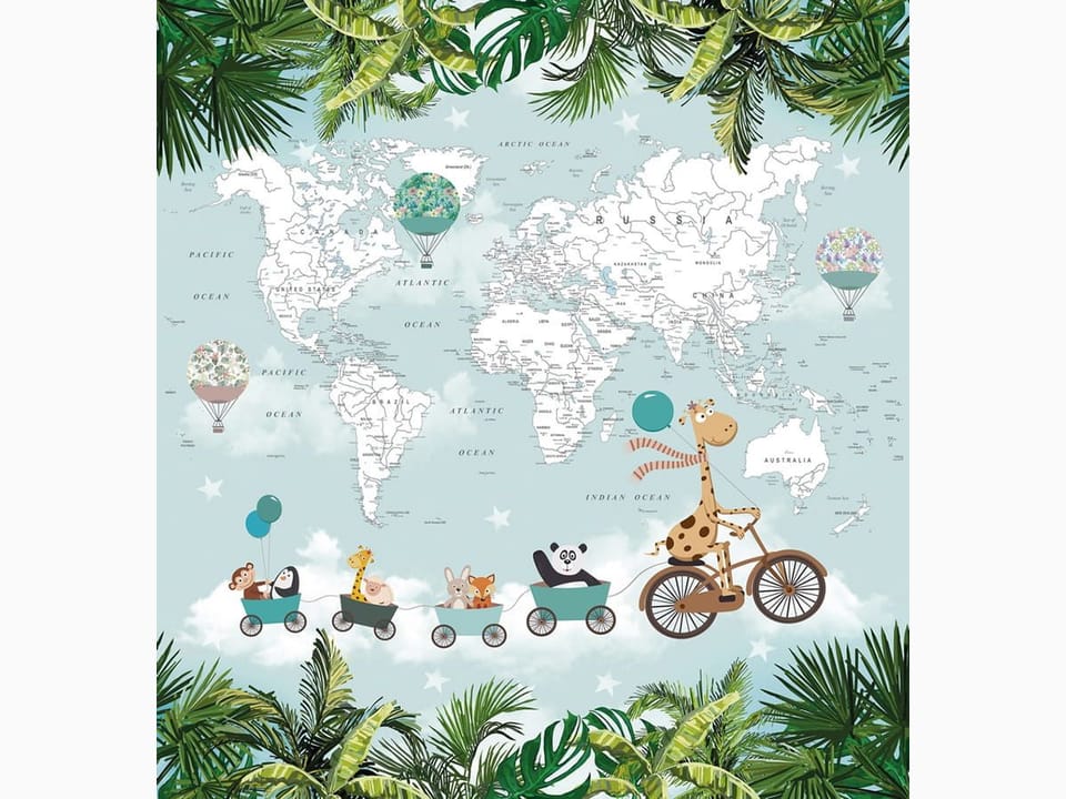 Fototapeta Żyrafa na rowerze z mapą świata