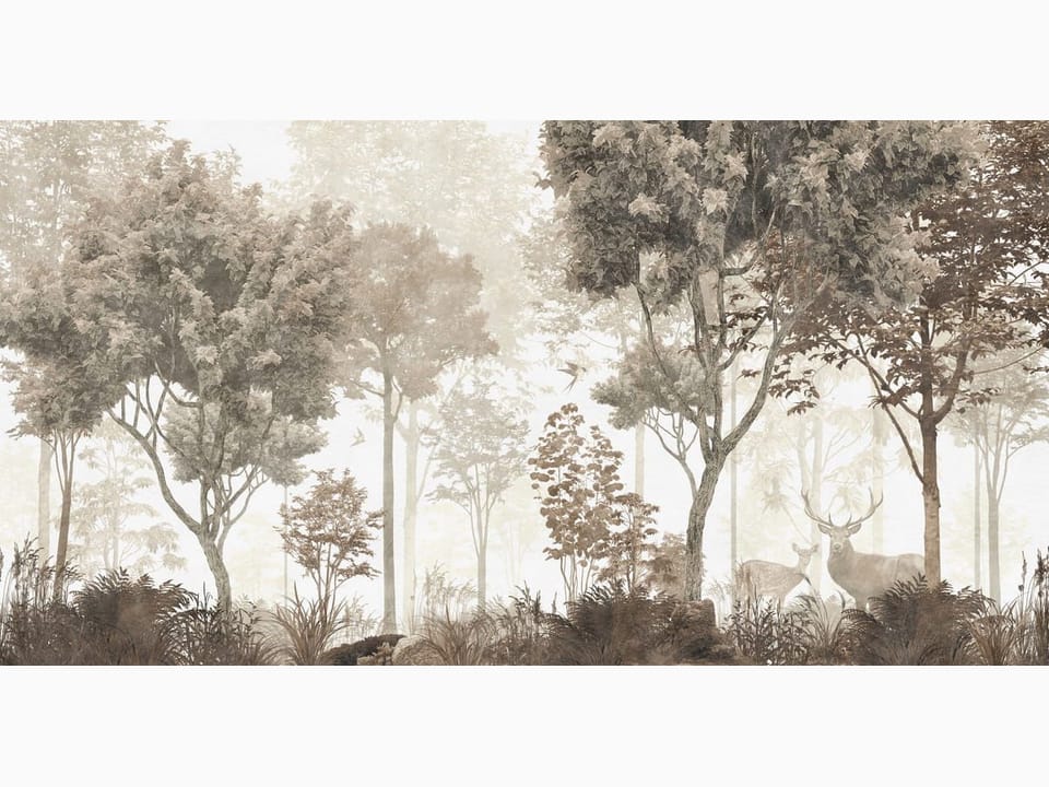 Fototapeta Las z jeleniem i mgłą