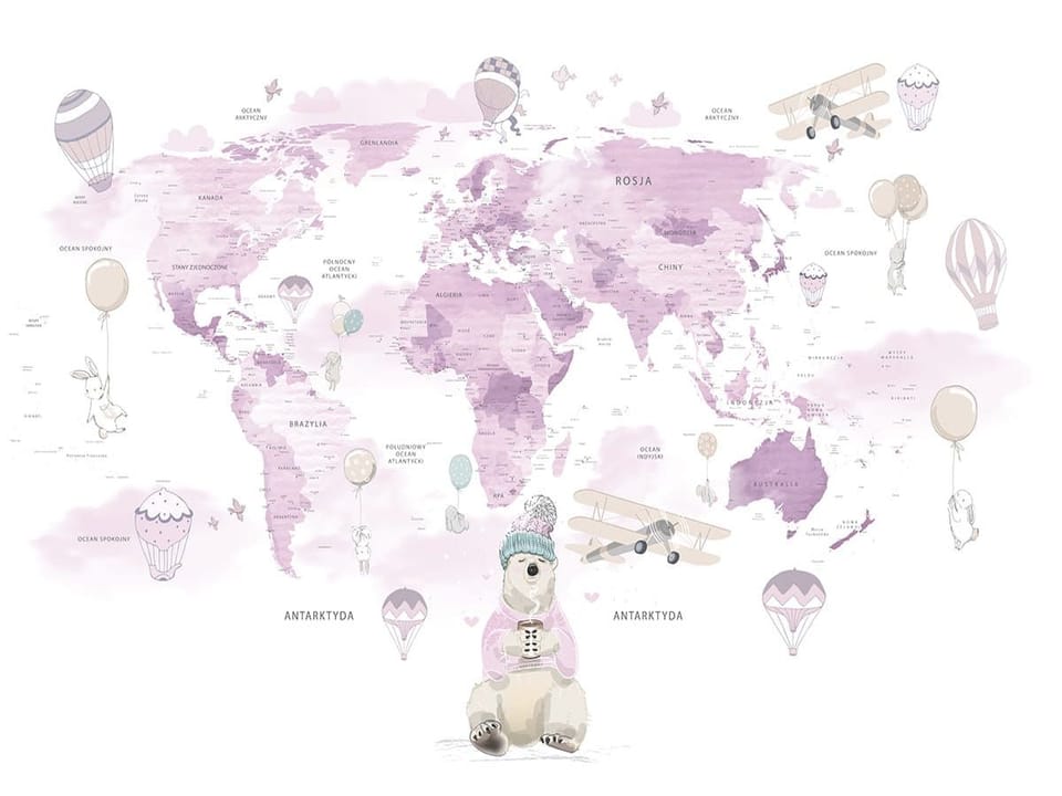 Fototapeta Mapa świata z niedźwiedziem i balonami