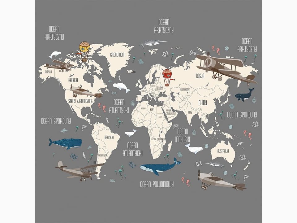 Fototapeta Mapa świata z samolotami i balonami