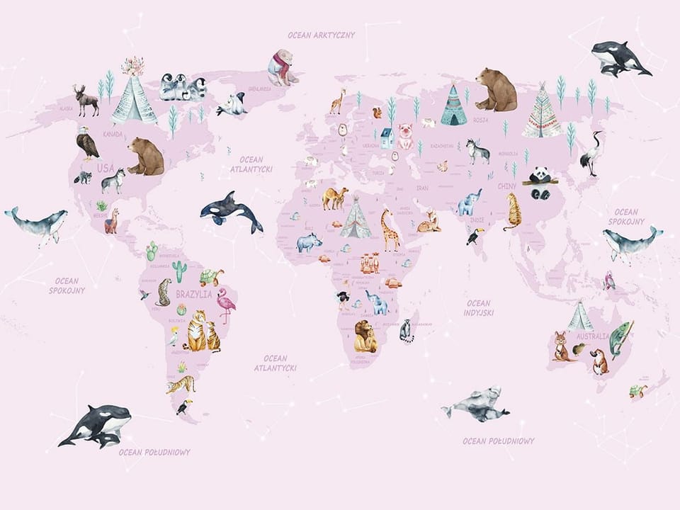 Fototapeta Mapa świata z ilustracjami zwierząt