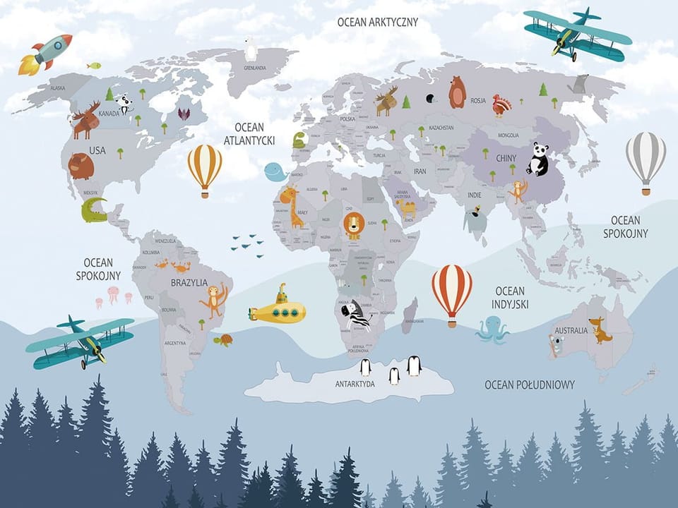 Fototapeta Mapa świata z ilustracjami zwierząt