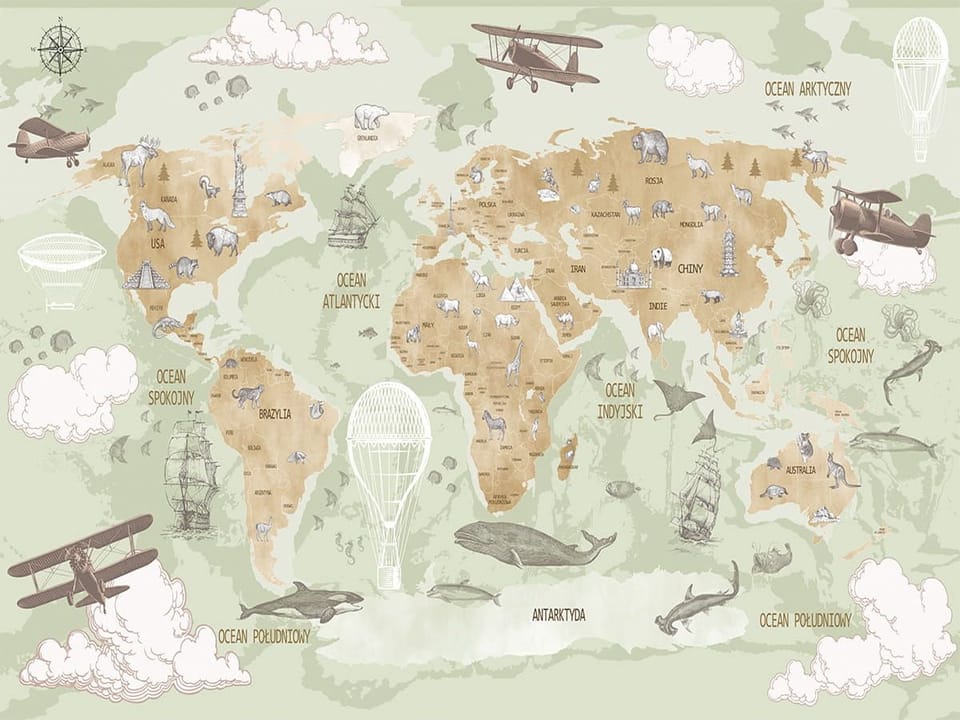 Fototapeta Mapa świata z ilustracjami zwierząt