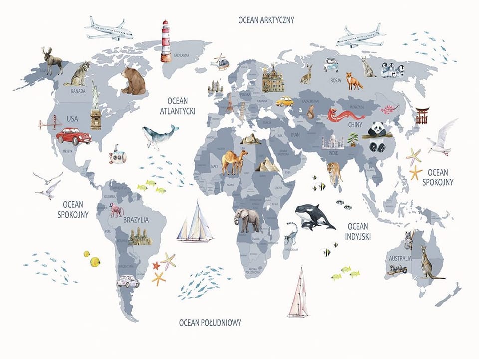 Fototapeta Mapa świata dla dzieci z ikonami