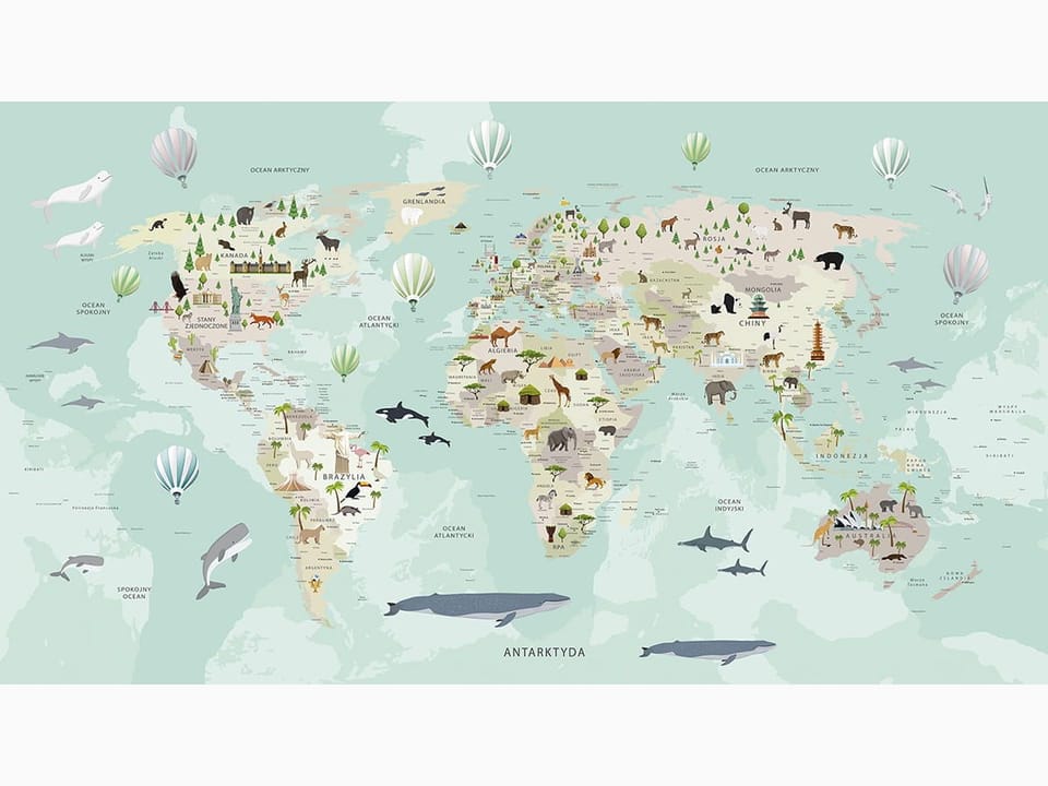 Fototapeta Mapa świata z fauną dla dzieci