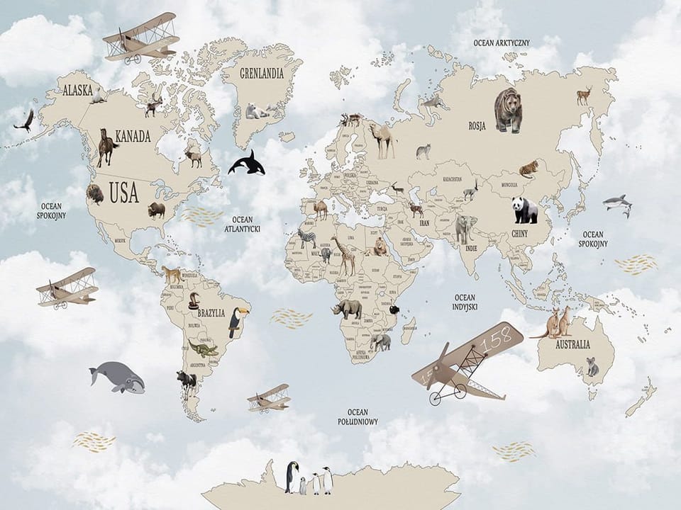 Fototapeta Mapa świata z ilustracjami zwierząt