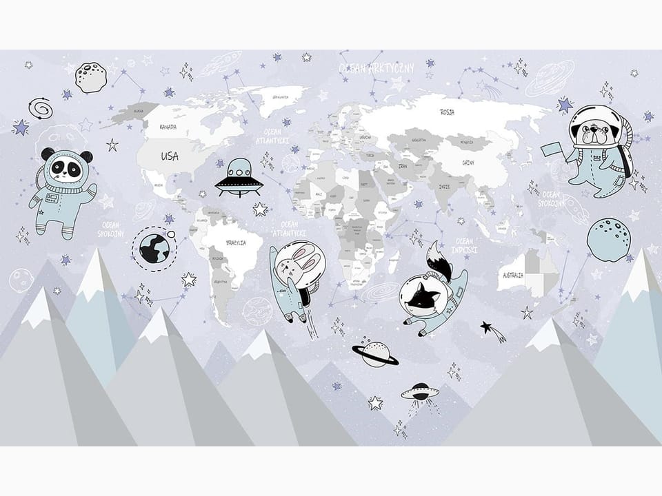 Fototapeta Mapa świata ze zwierzętami w skafandrach