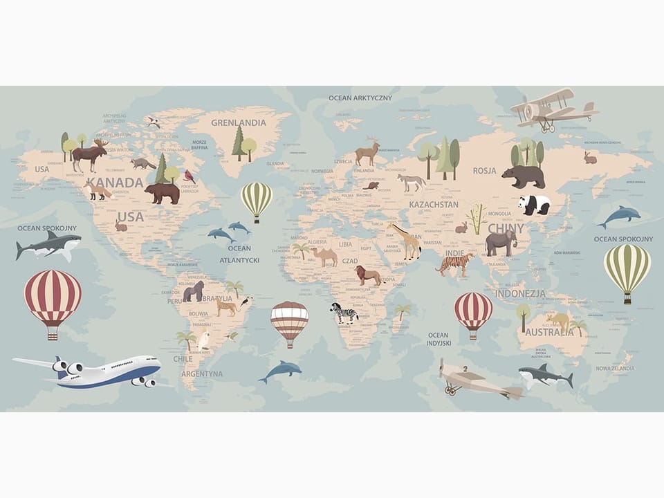 Fototapeta Mapa świata z ilustracjami zwierząt