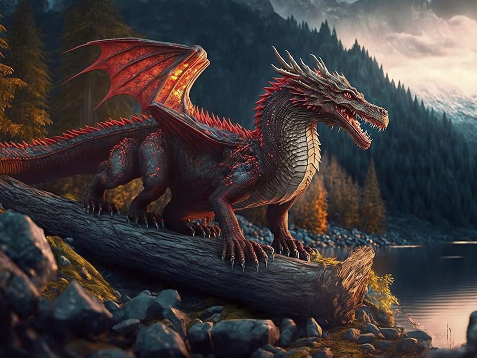 Fototapeta Czerwony smok na tle gór