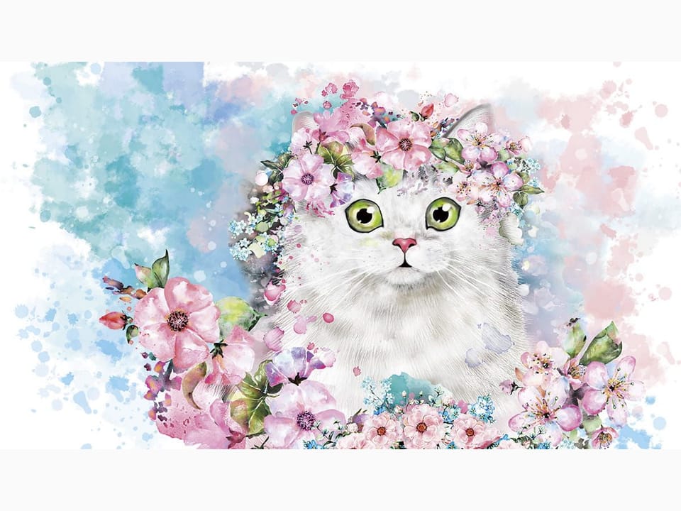 Fototapeta Biały kot w pastelowych kwiatach