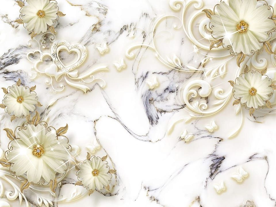 Fototapeta Kwiaty i Złote Liście na Marmurze