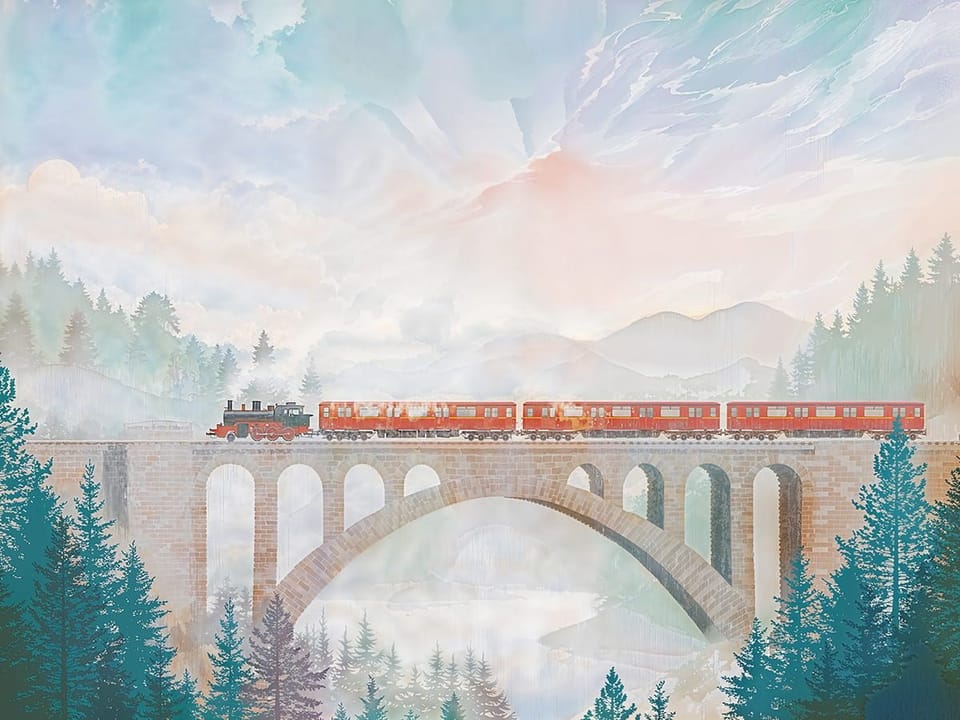 Fototapeta Pociąg na moście wśród gór