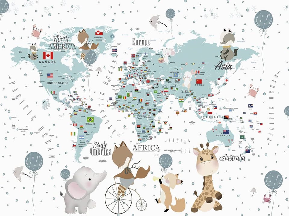 Fototapeta Mapa świata dla dzieci z postaciami