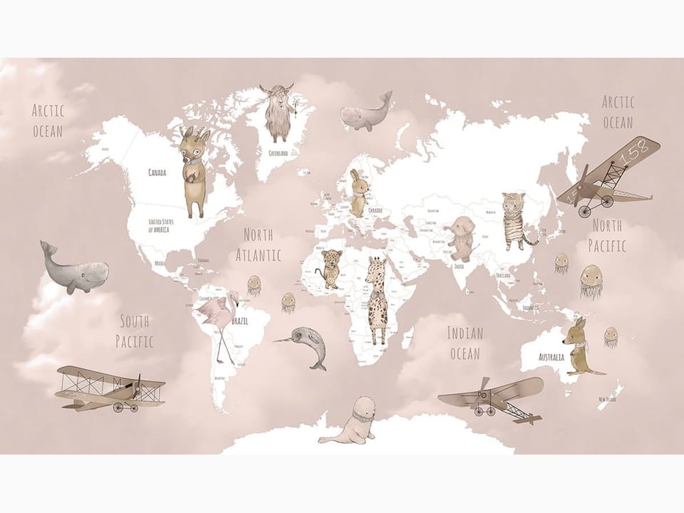 Fototapeta Mapa świata z ilustracjami zwierząt