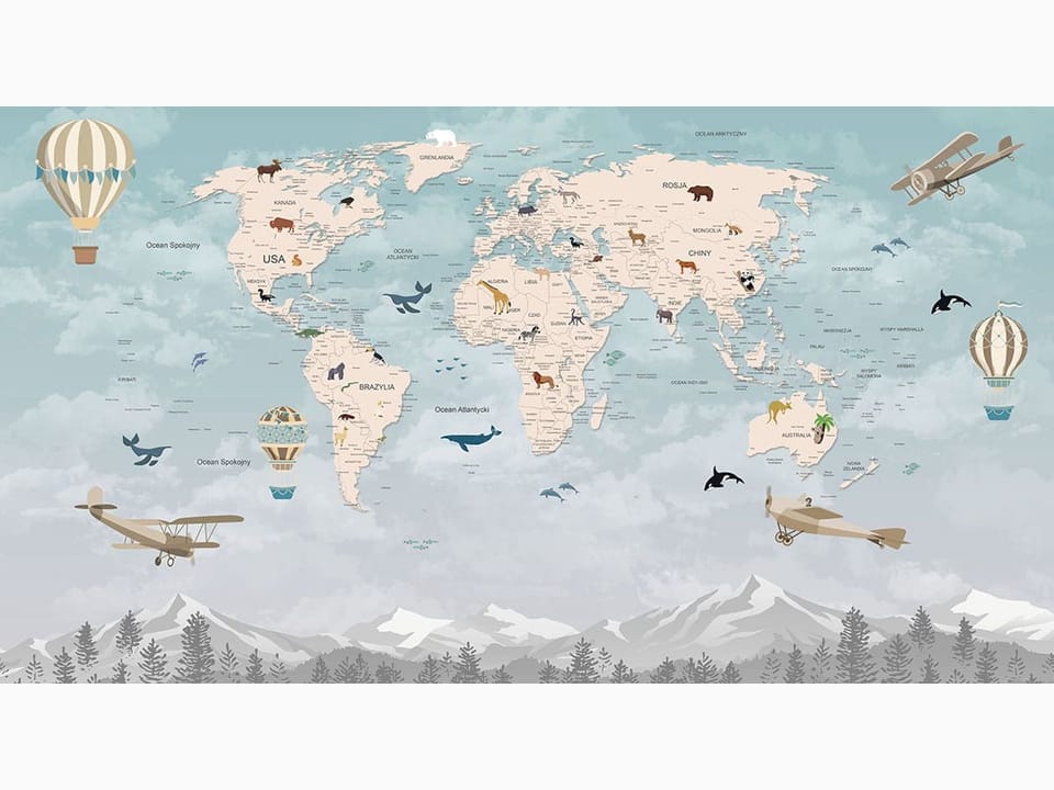 Fototapeta Mapa świata z balonami i samolotami