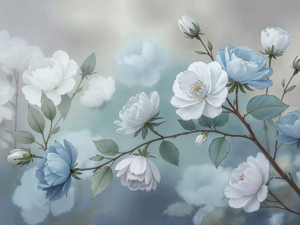 Fototapeta Gałąź z Białymi i Niebieskimi Kwiatami