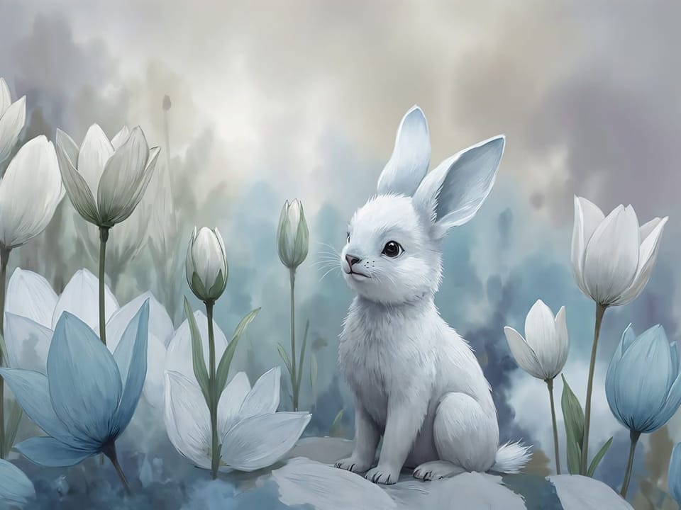 Fototapeta Biały królik wśród kwiatów