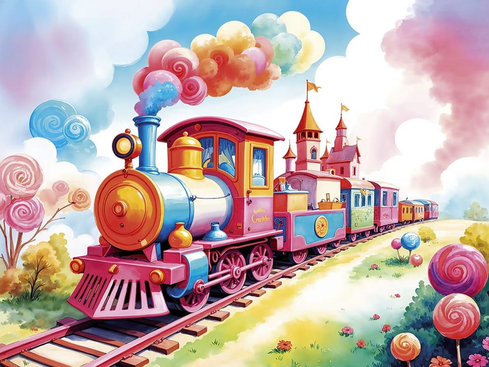 Fototapeta Kolorowy pociąg i bajkowy zamek
