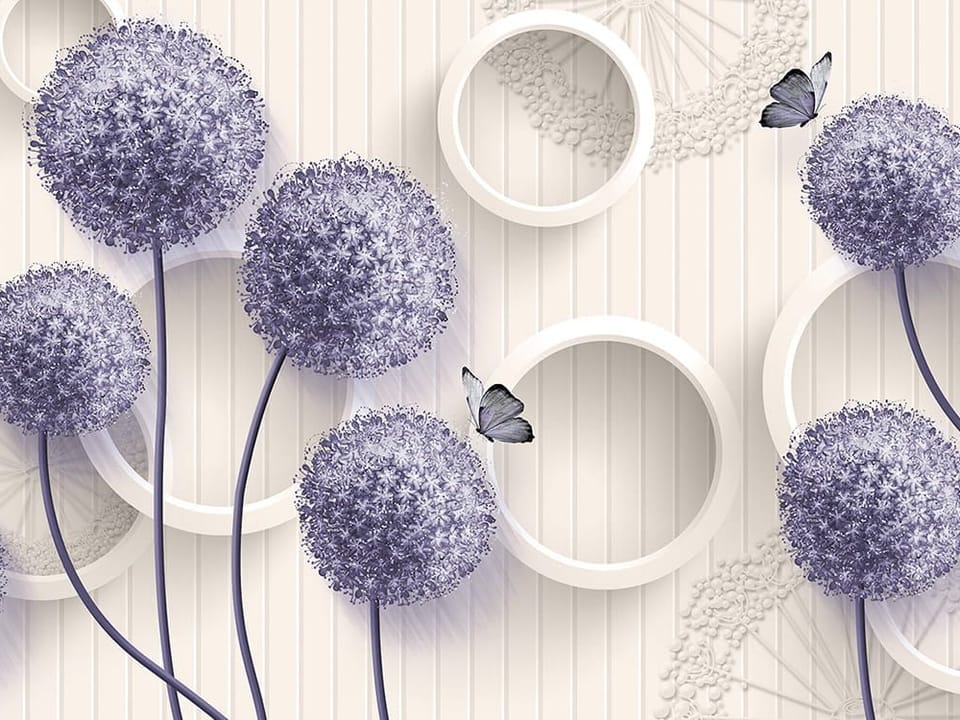 Fototapeta Fioletowe kwiaty i białe okręgi