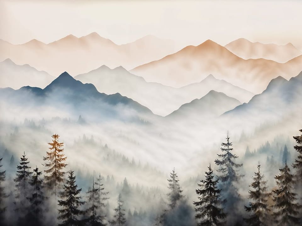 Fototapeta Spokojny górski krajobraz z drzewami