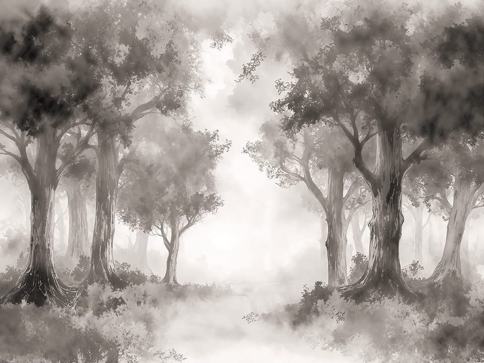 Fototapeta Mglisty las pełen drzew