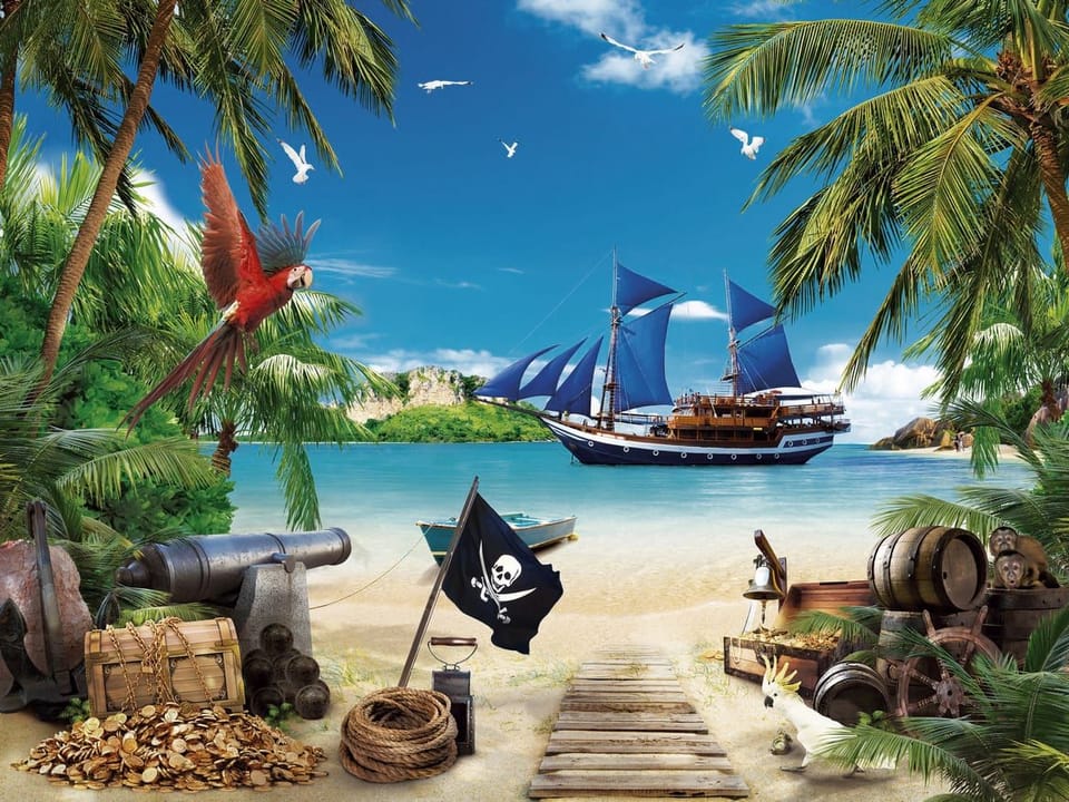 Fototapeta Statek na morzu z plażą i palmami na wymiar