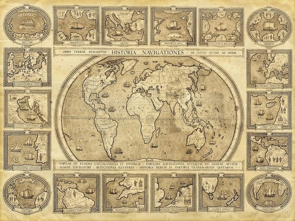 Fototapeta Stara mapa świata z ilustracjami