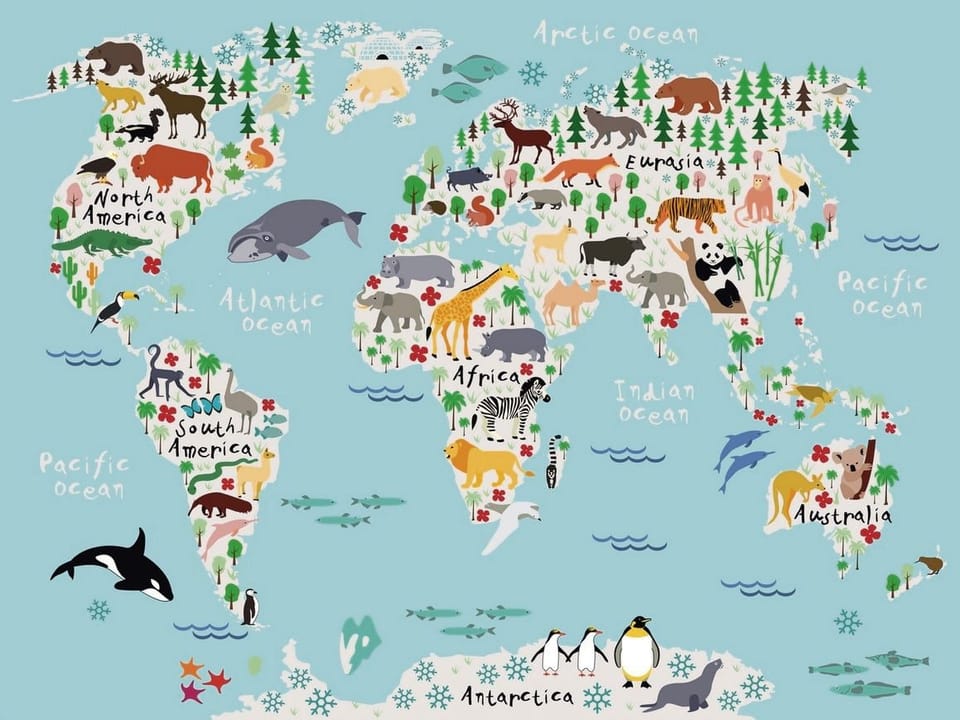 Fototapeta Mapa Świata dla Dzieci z Fauną na wymiar