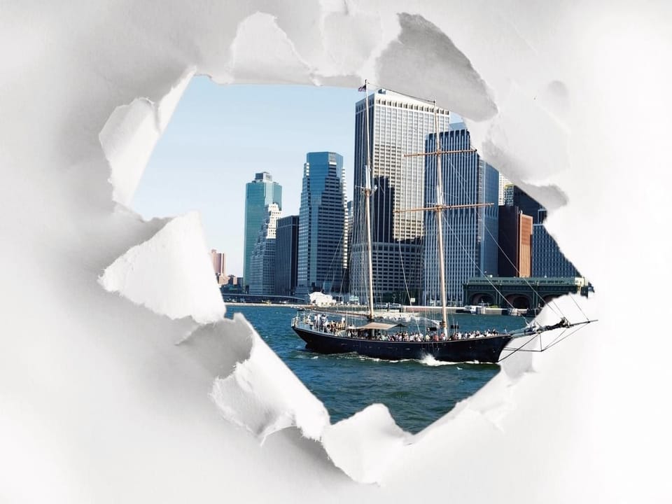 Fototapeta Żaglowiec i wieżowce w 3D