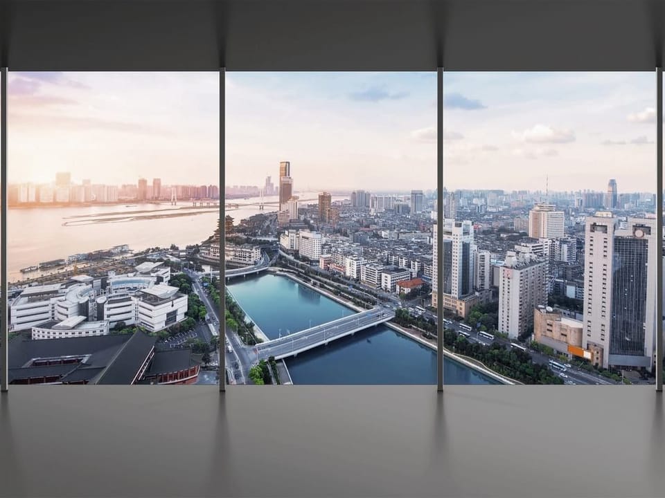 Fototapeta Panorama miasta z rzeką i mostem na wymiar