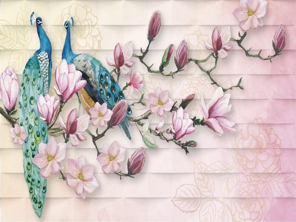 Fototapeta Pawie wśród kwiatów magnolii na wymiar