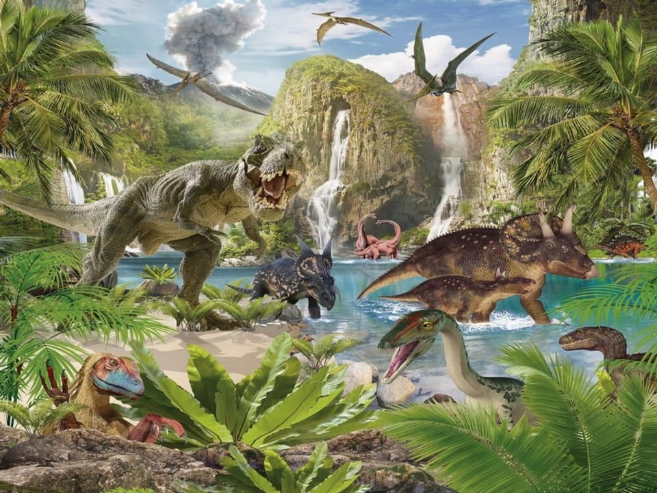 Fototapeta Dinozaury nad jeziorem w dżungli na wymiar