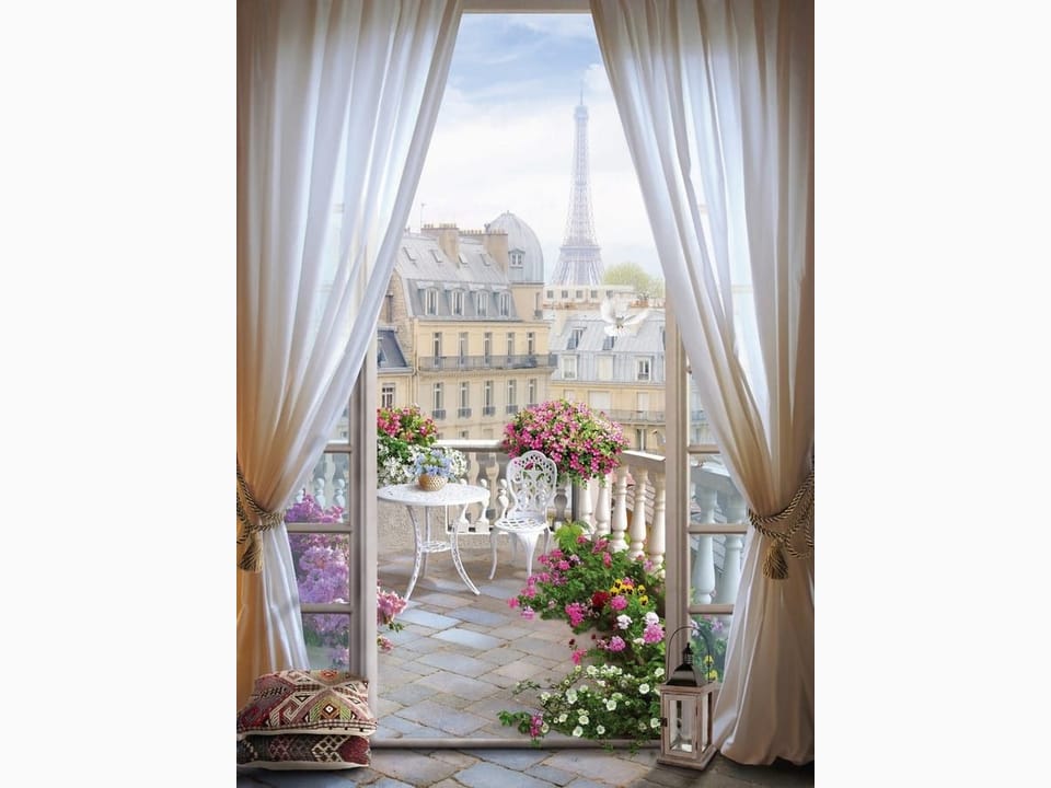 Fototapeta Balkon z kwiatami i widokiem na wymiar