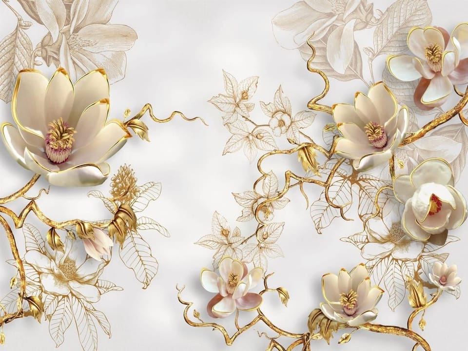 Fototapeta Kwiaty magnolii na złotych gałęziach na wymiar