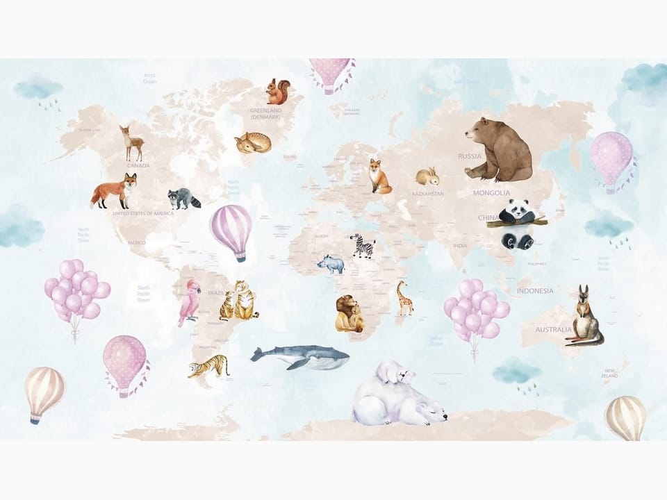 Fototapeta Mapa świata z ilustracjami zwierząt na wymiar