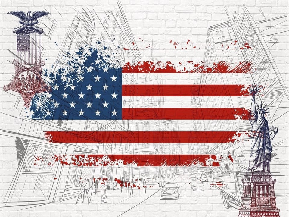 Fototapeta Flaga USA na tle miejskiej scenerii na wymiar