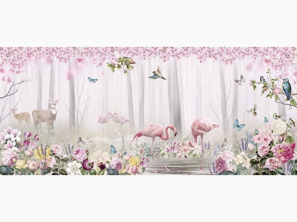 Fototapeta Flamingi w kwiecistym otoczeniu na wymiar