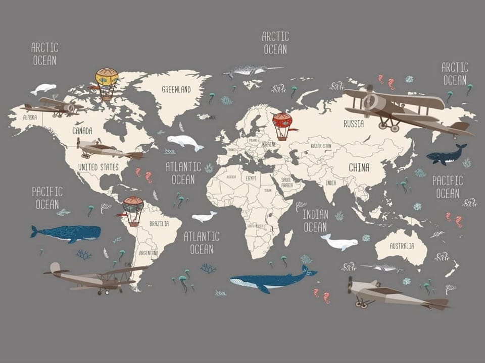 Fototapeta Mapa świata z balonami i samolotami na wymiar