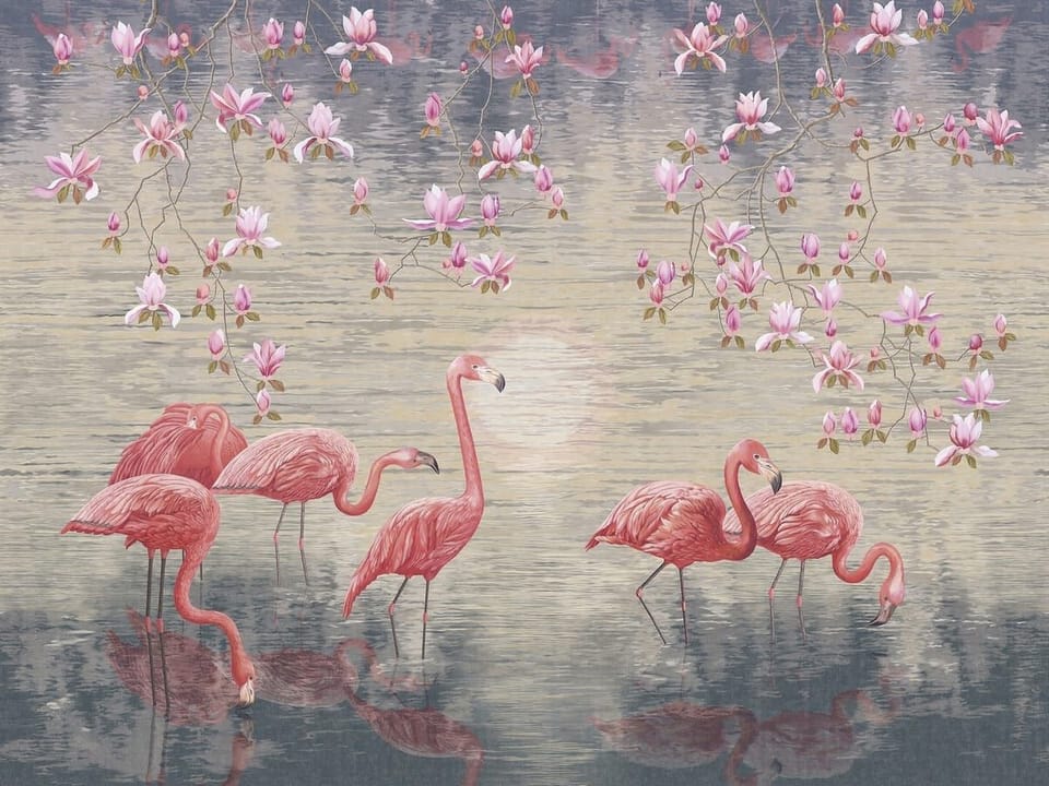 Fototapeta Flamingi w wodzie z magnoliami na wymiar