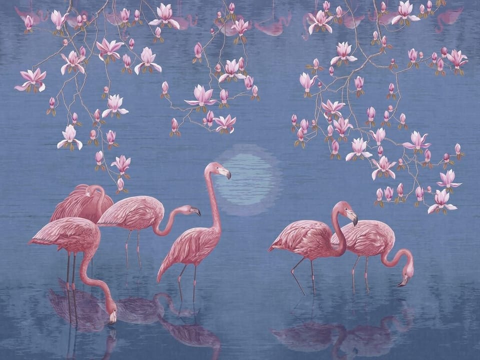 Fototapeta Flamingi wśród kwitnących magnolii na wymiar