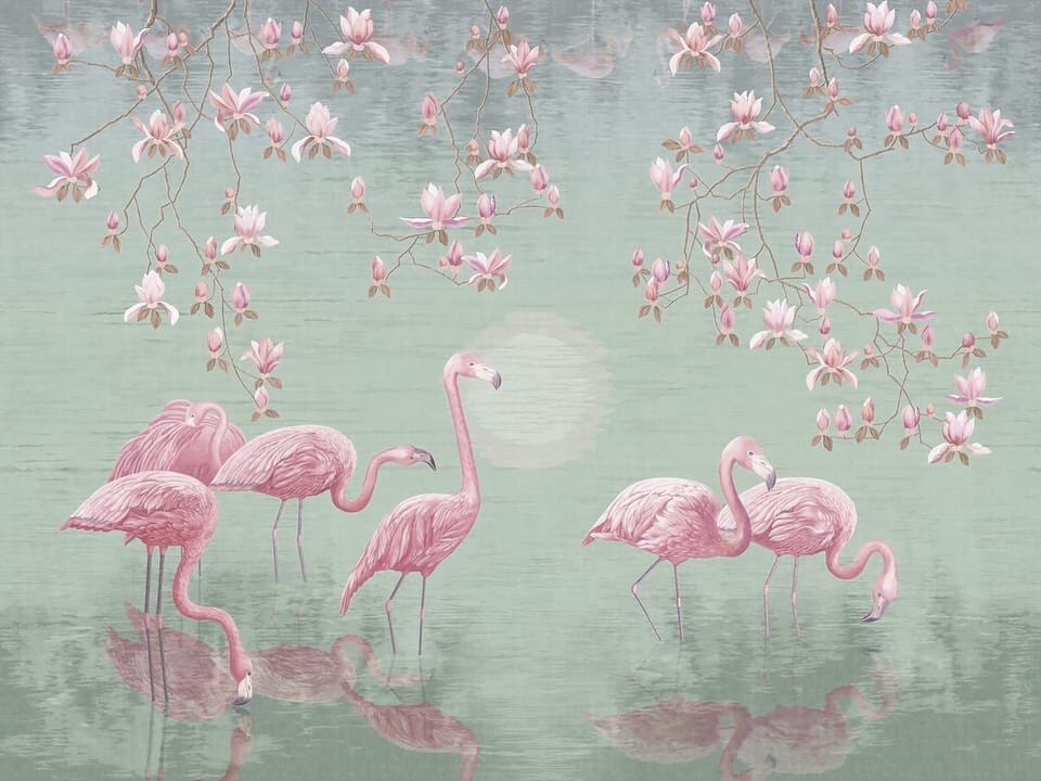 Fototapeta Flamingi w wodzie z magnoliami na wymiar