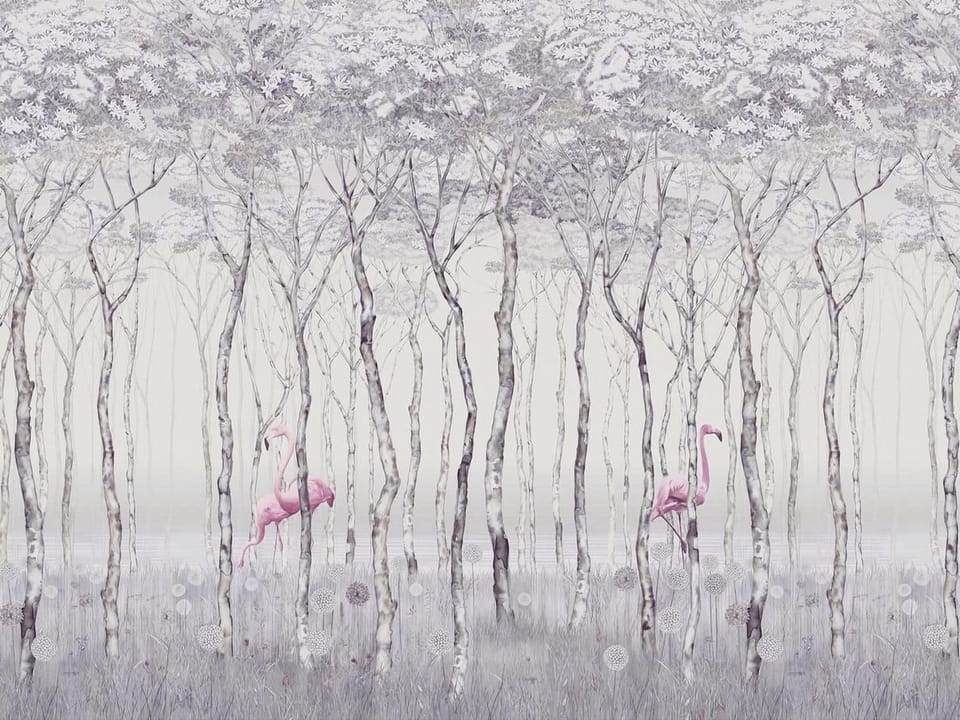 Fototapeta Flamingi w lesie z mglistym tłem na wymiar